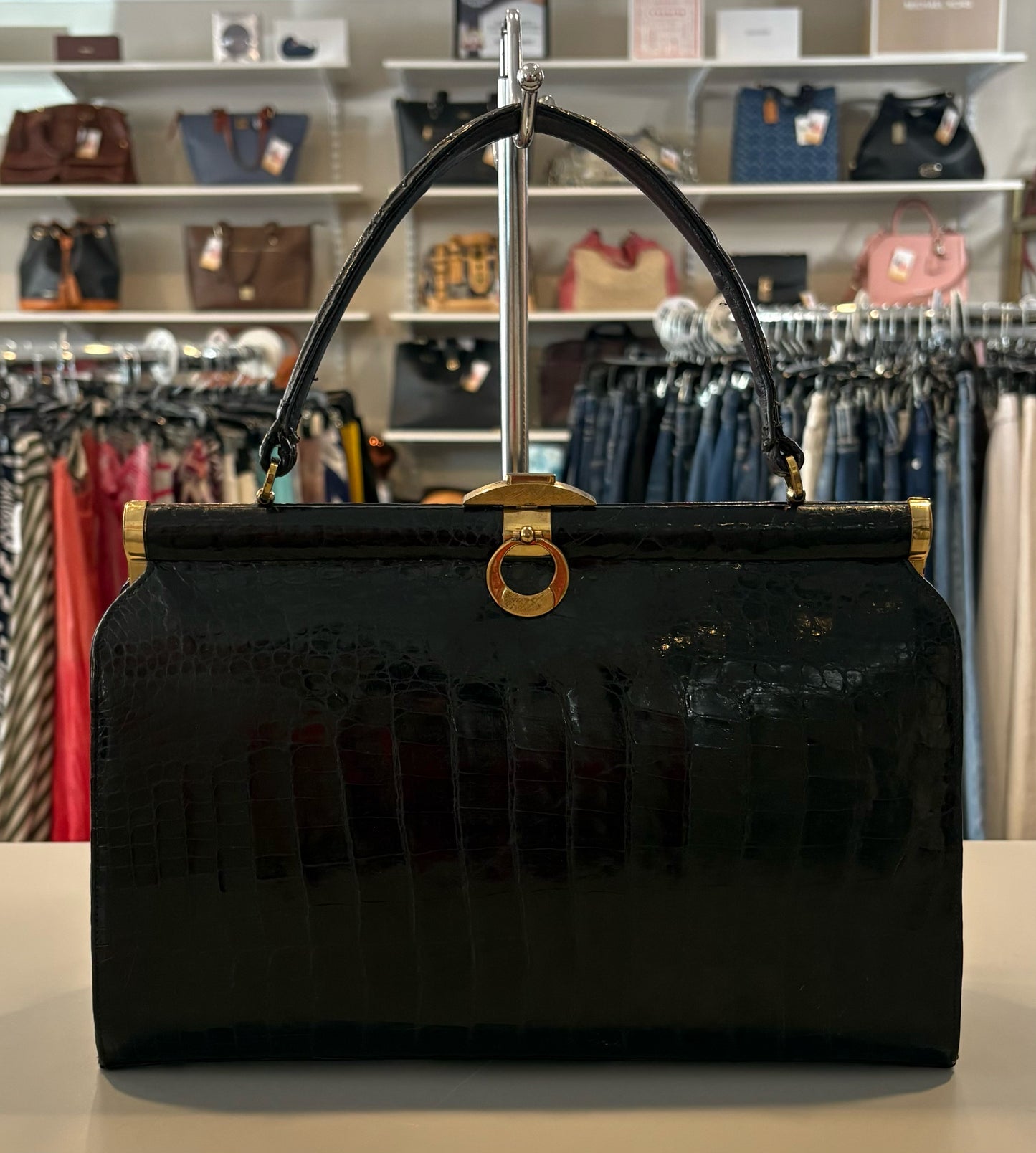 Lesco Vintage Black Genuine Alligator Leather Tote Bag