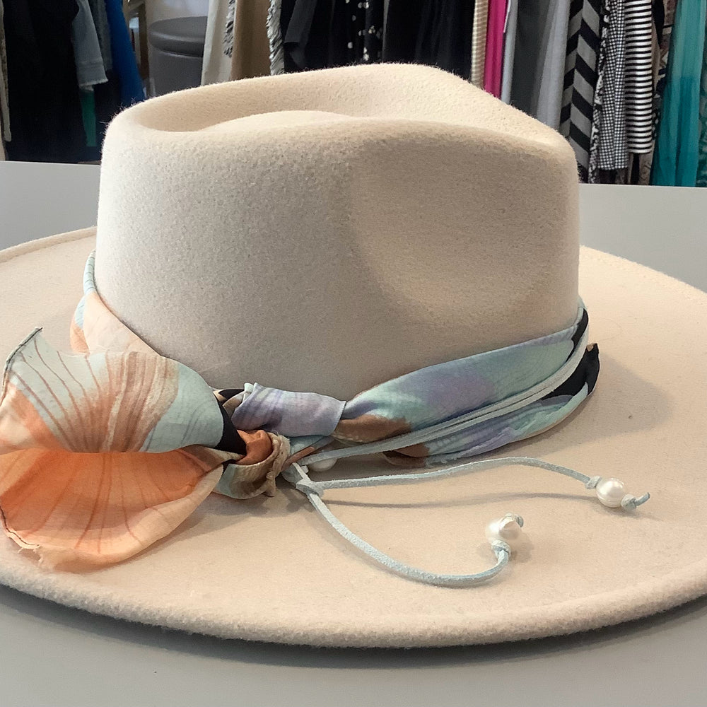 White Felt Hat with multi-colored scarf