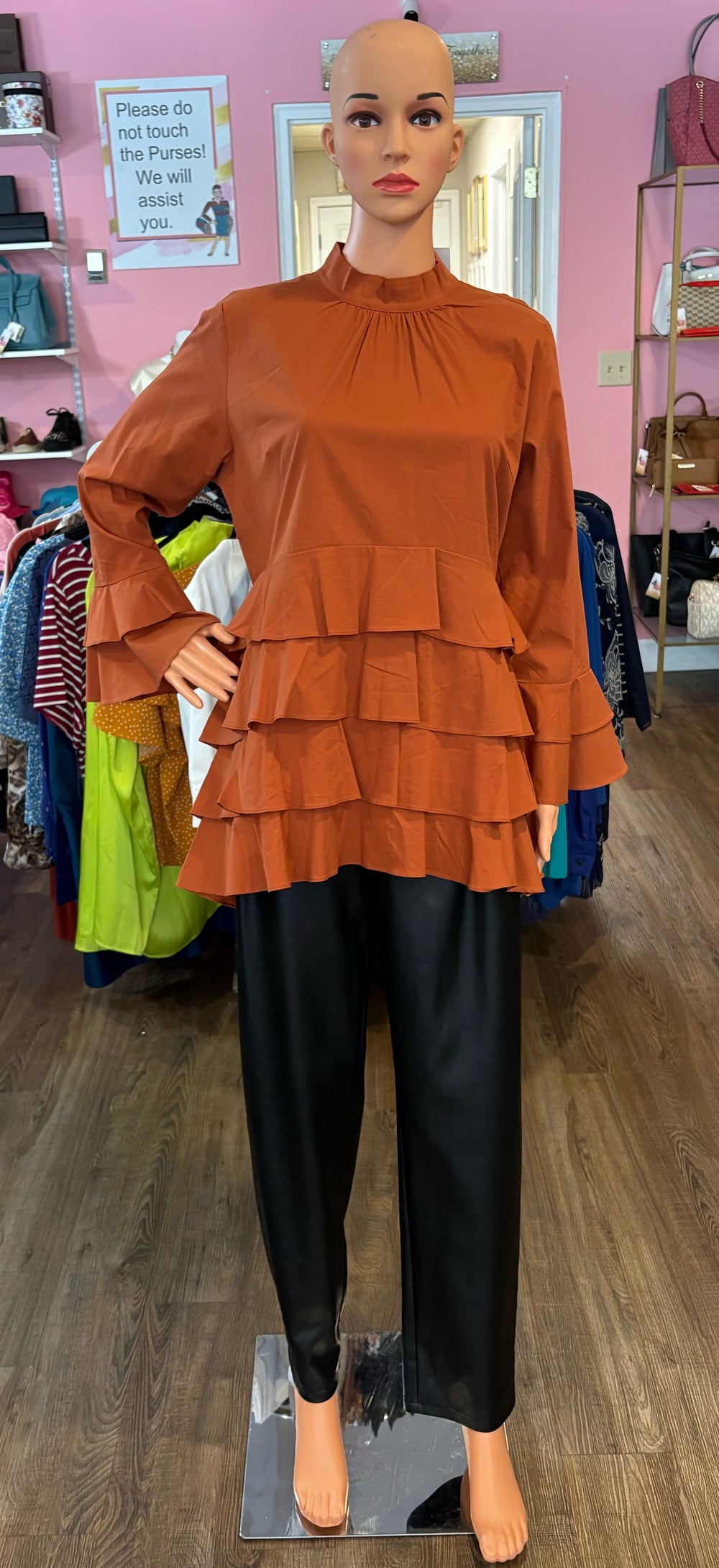 NWT Ashro Dark Orange Ruffle Tiered Dress Top Size:L
