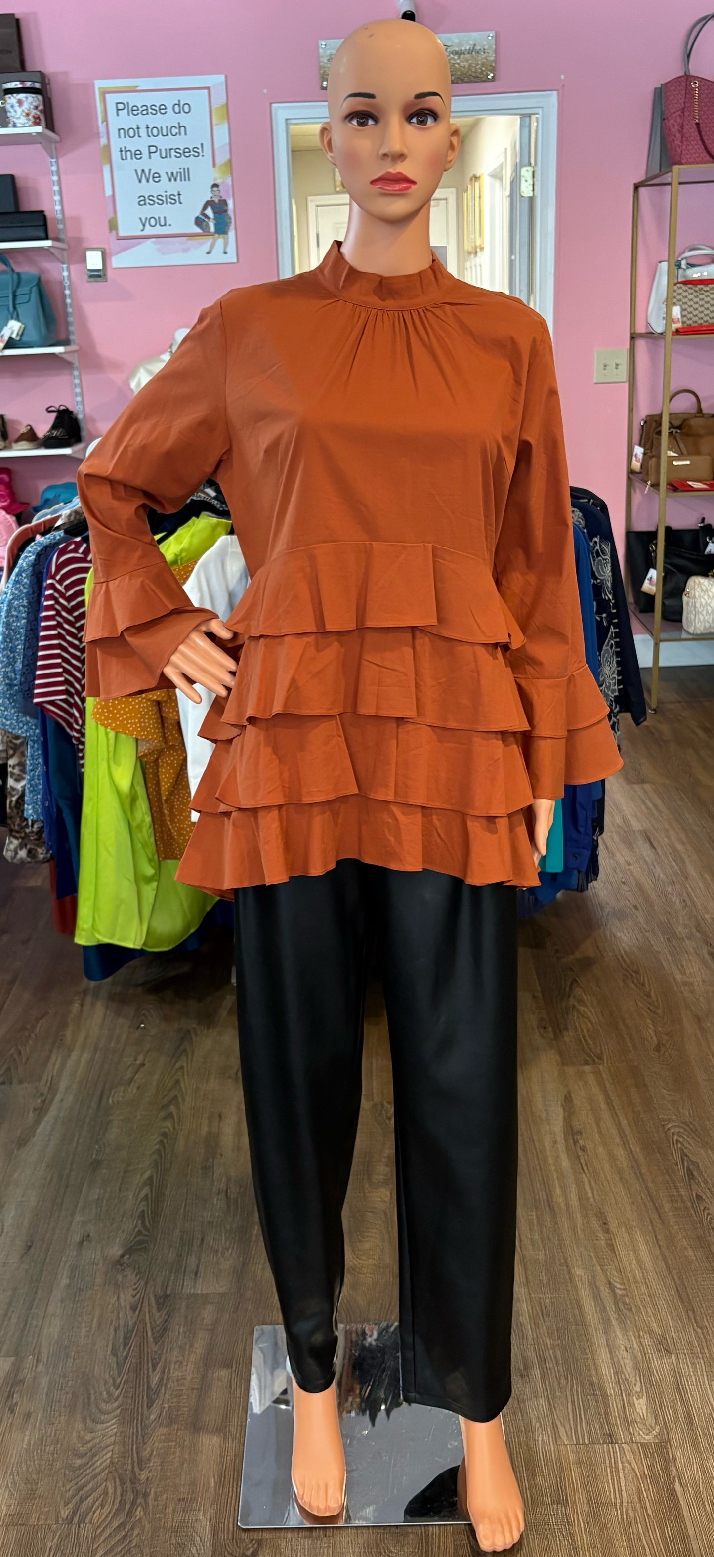 NWT Ashro Dark Orange Ruffle Tiered Dress Top Size:L