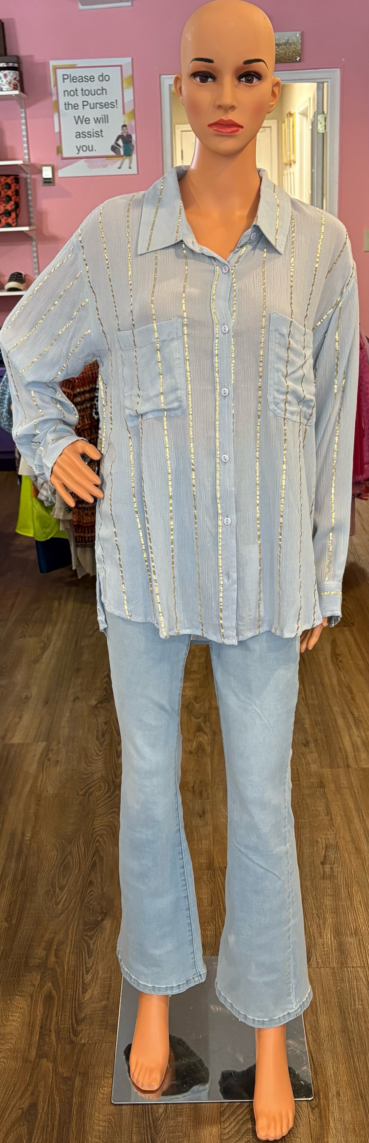 NWT En Creme Blue & Gold Striped Button Down Top Size:L