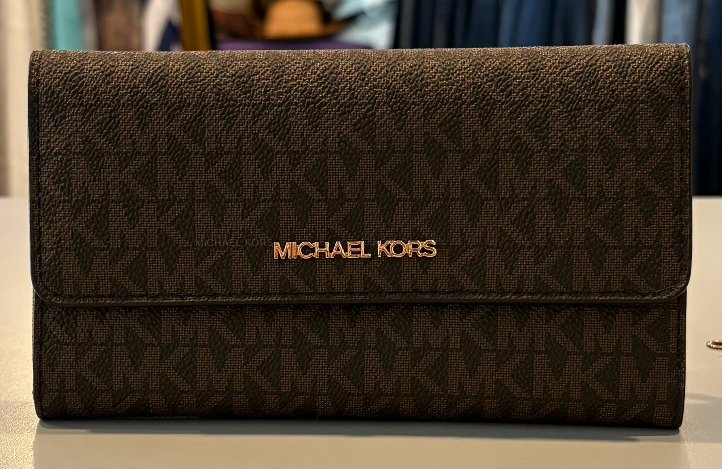 Michael Kors Jet Set Travel Large Trifold Wallet in MK Brown