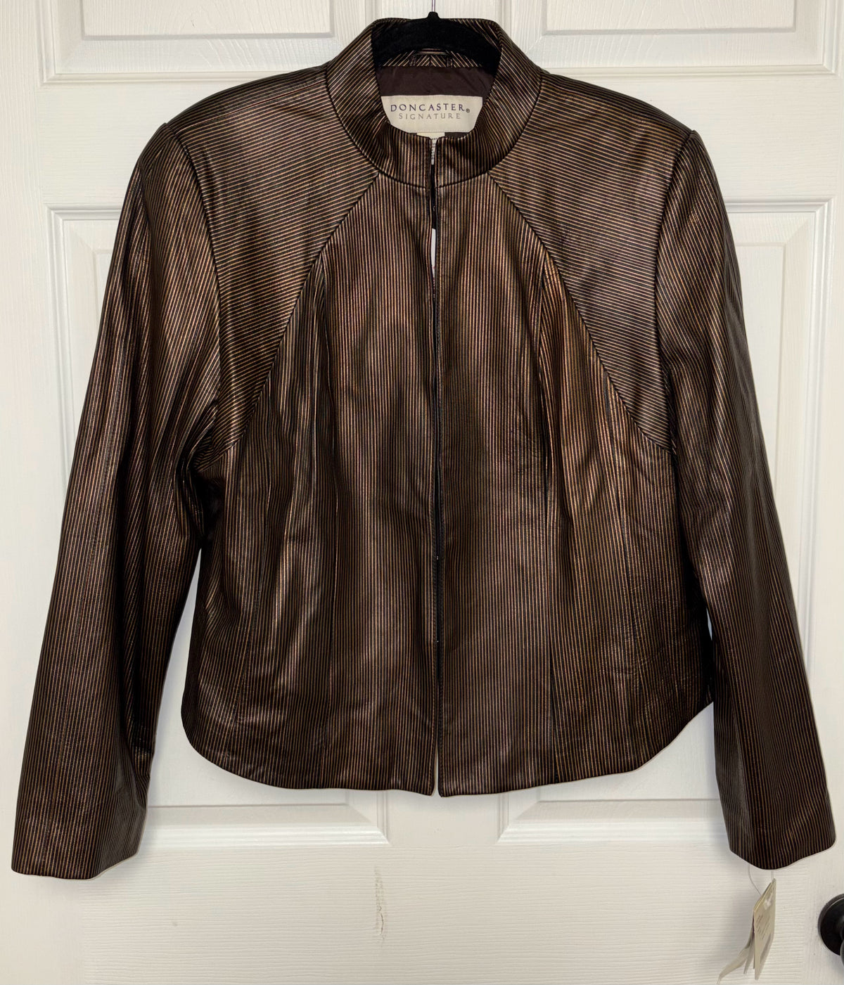 NWT Doncaster Signature Chocolate Genuine Leather Pinstripe Jacket Sz:18M