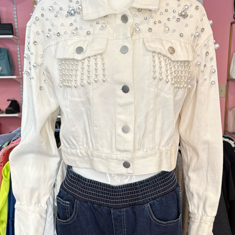 Chance Off White Pearl and Rhinestone embellished Jean Jacket Size: TU One Size)