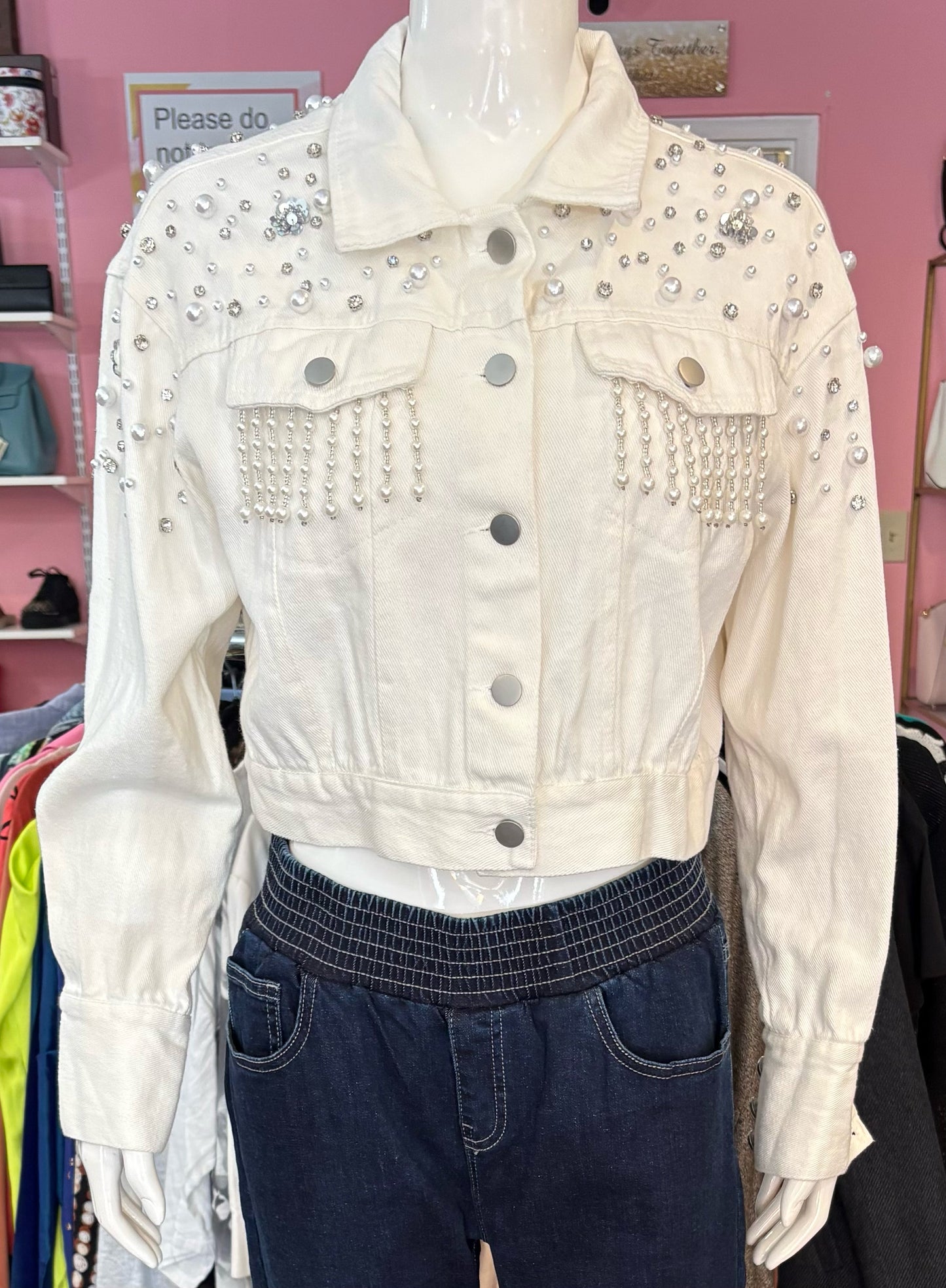 Chance Off White Pearl and Rhinestone embellished Jean Jacket Size: TU One Size)