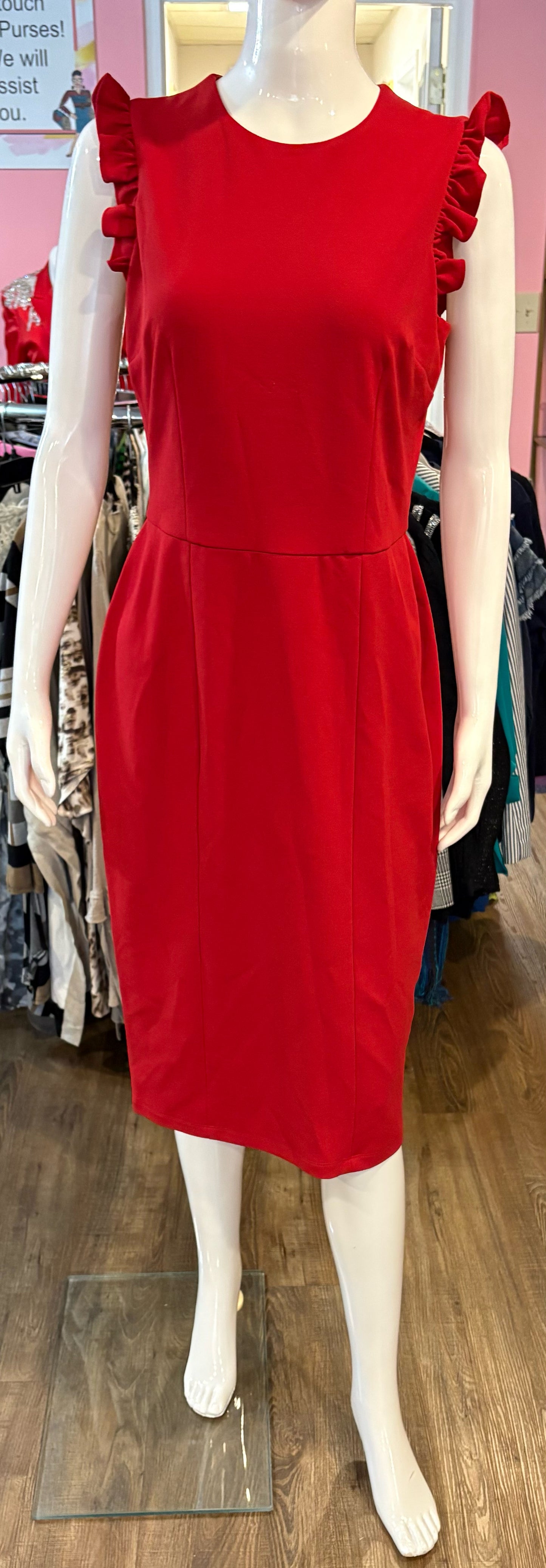 Maggy London Red Sleeveless Sheath Dress with Ruffle Detailing Sz:8
