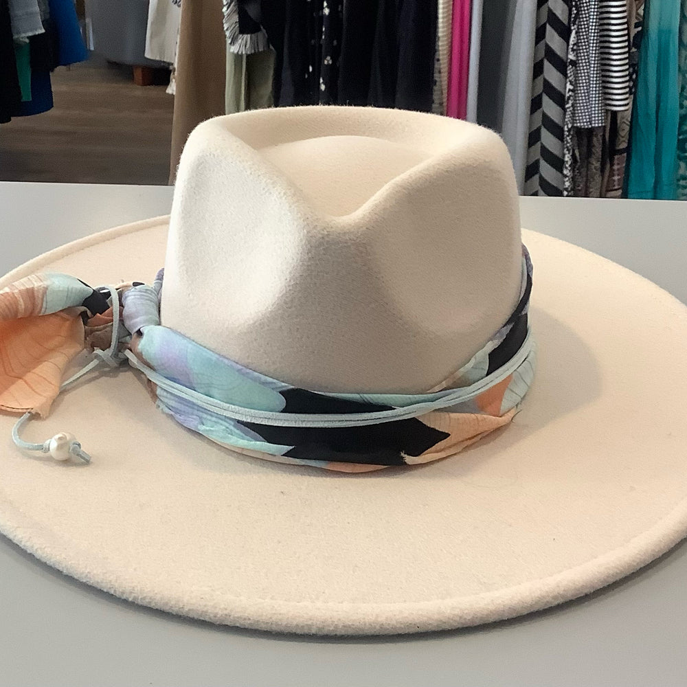 White Felt Hat with multi-colored scarf