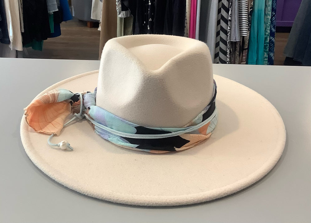 White Felt Hat with multi-colored scarf