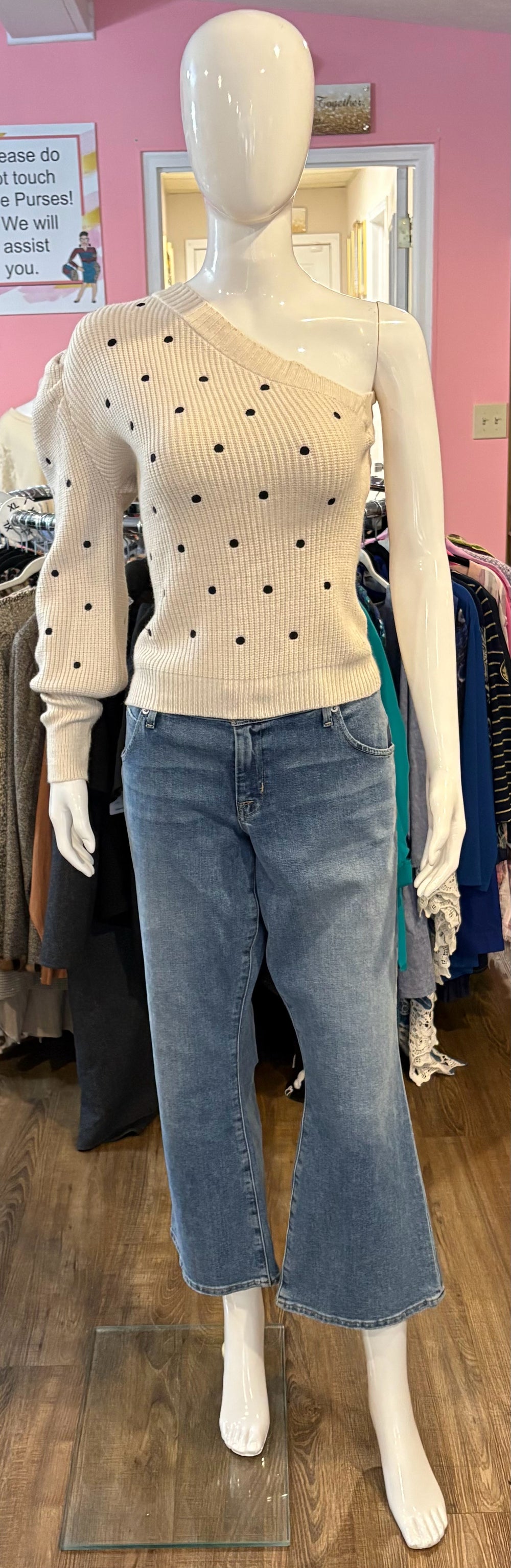 NWT Entro Cream & Black Polka Dot One Shoulder Sweater Size:L