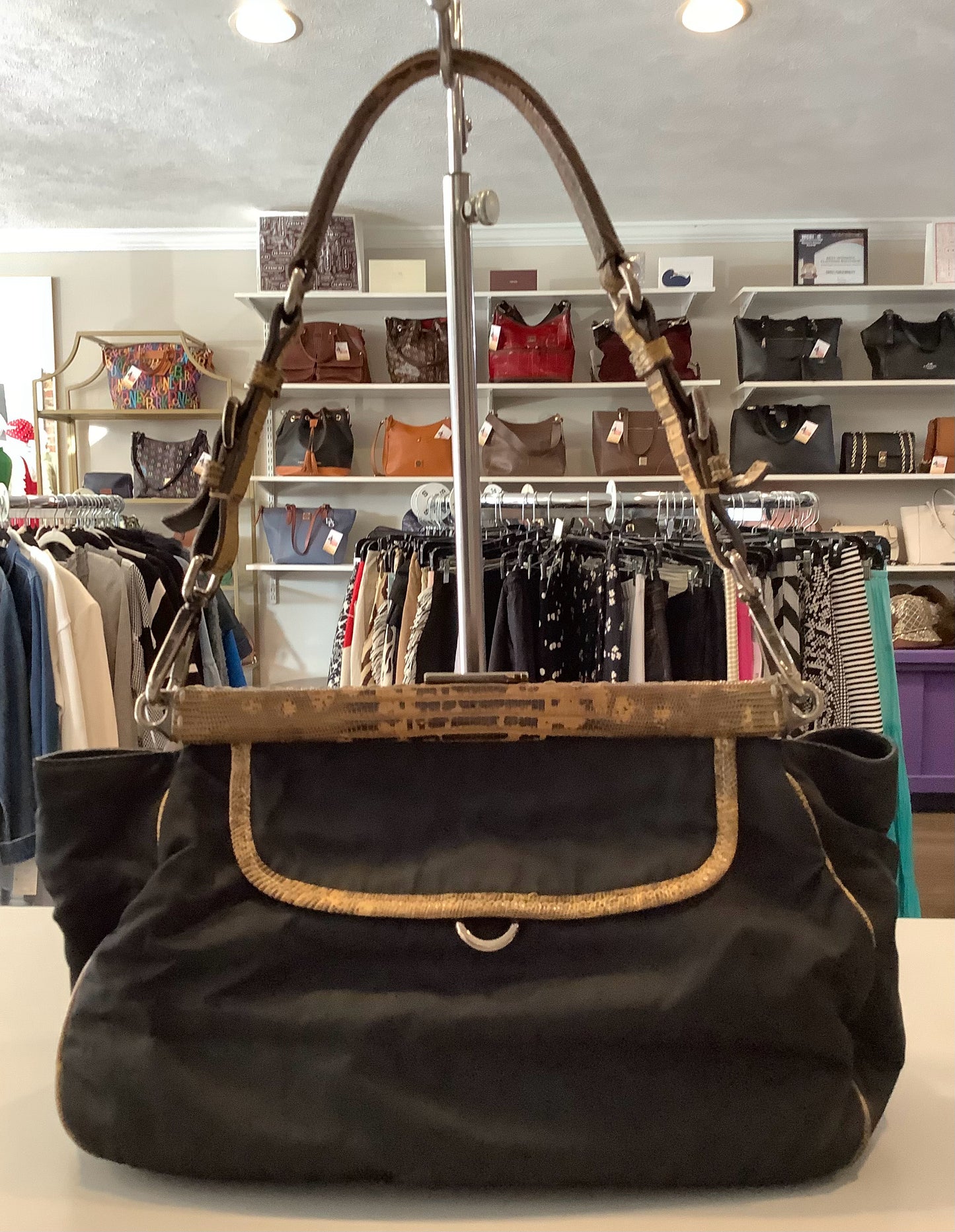 Vintage Prada Black Nylon Lizard Trim Pocket Frame Nero Bag BR2842