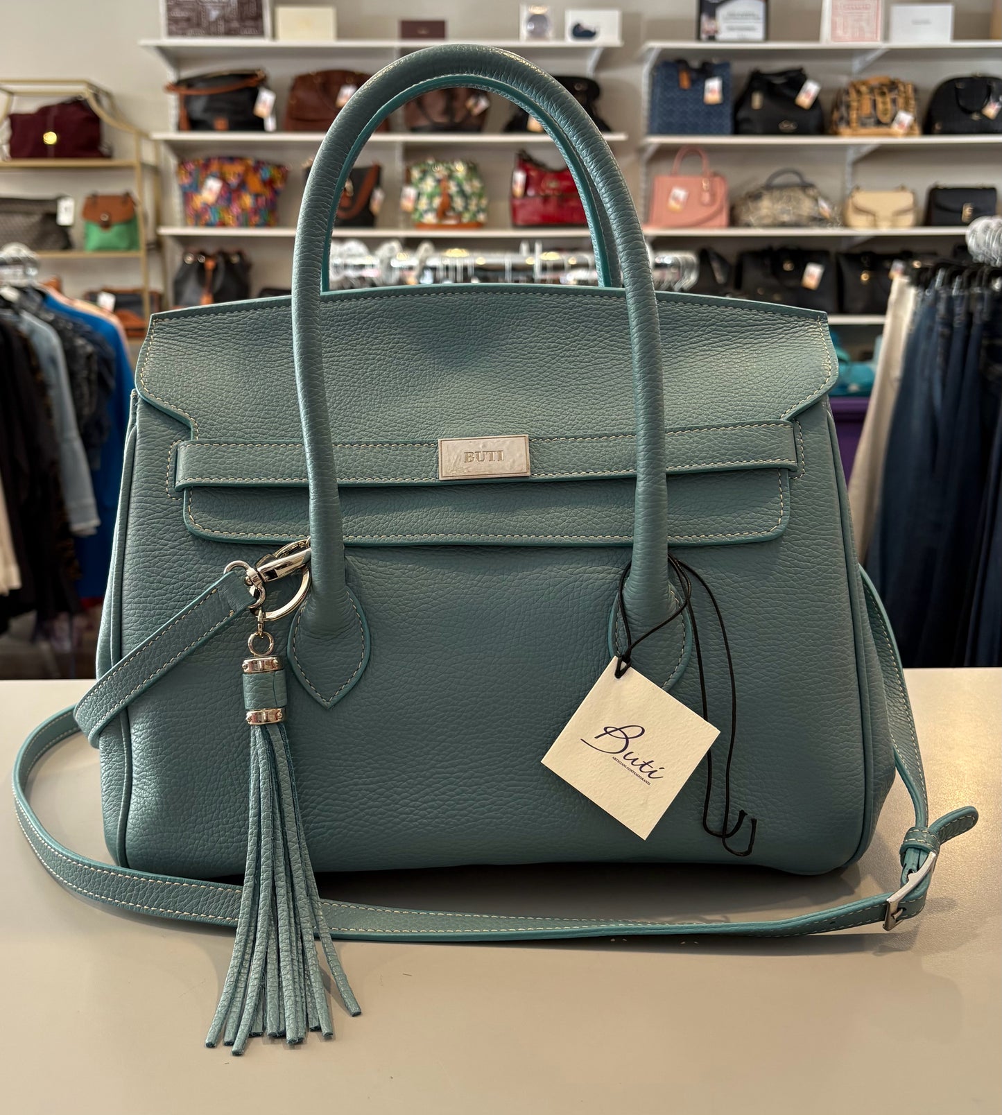 RARE Buti Pelletterie Capri 30 Alce Stampato in Light Teal