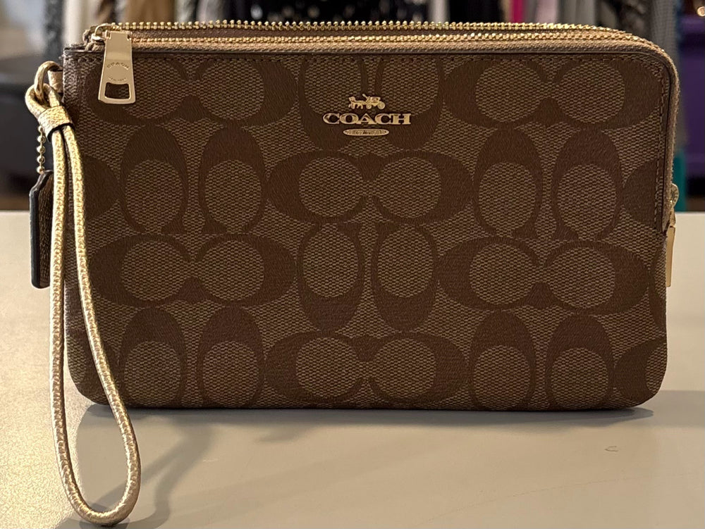 Coach Double Zip Wallet Wristlet in Khaki Saddle SN:F1811