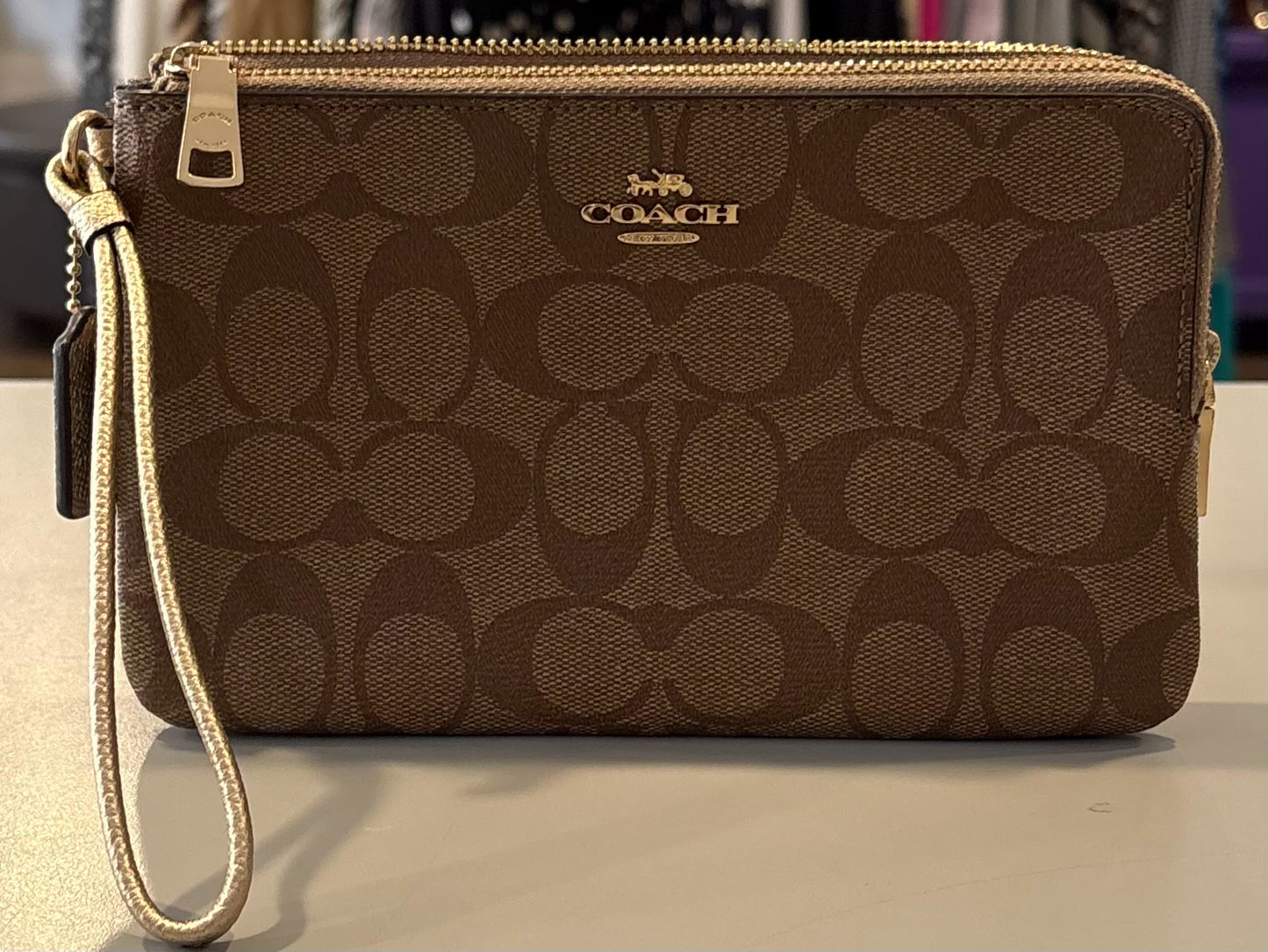 Coach Double Zip Wallet Wristlet in Khaki Saddle SN:F1811
