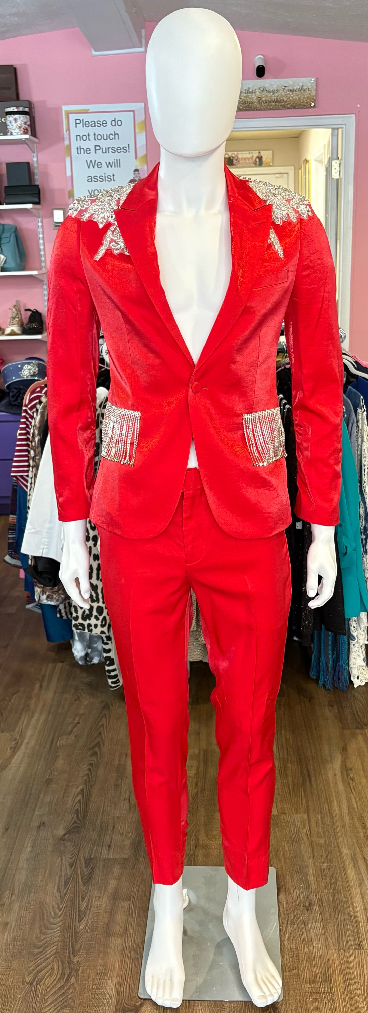 Rossiman Red 2 Piece Slim Fit Suit with Rhinestone Embellishments Sz: S
