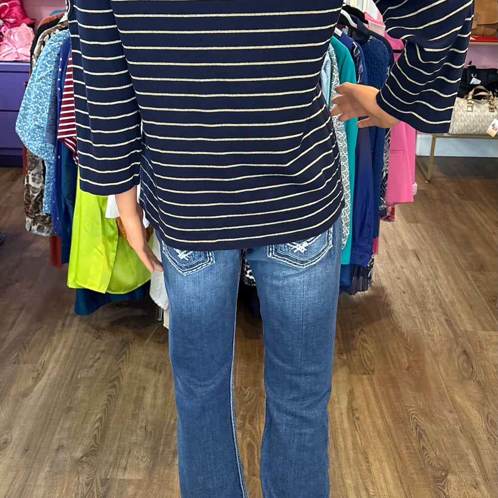 
                      
                        Lauren Ralph Lauren Navy Blue and Gold Striped Top with Crest Detailing Sz:XL
                      
                    