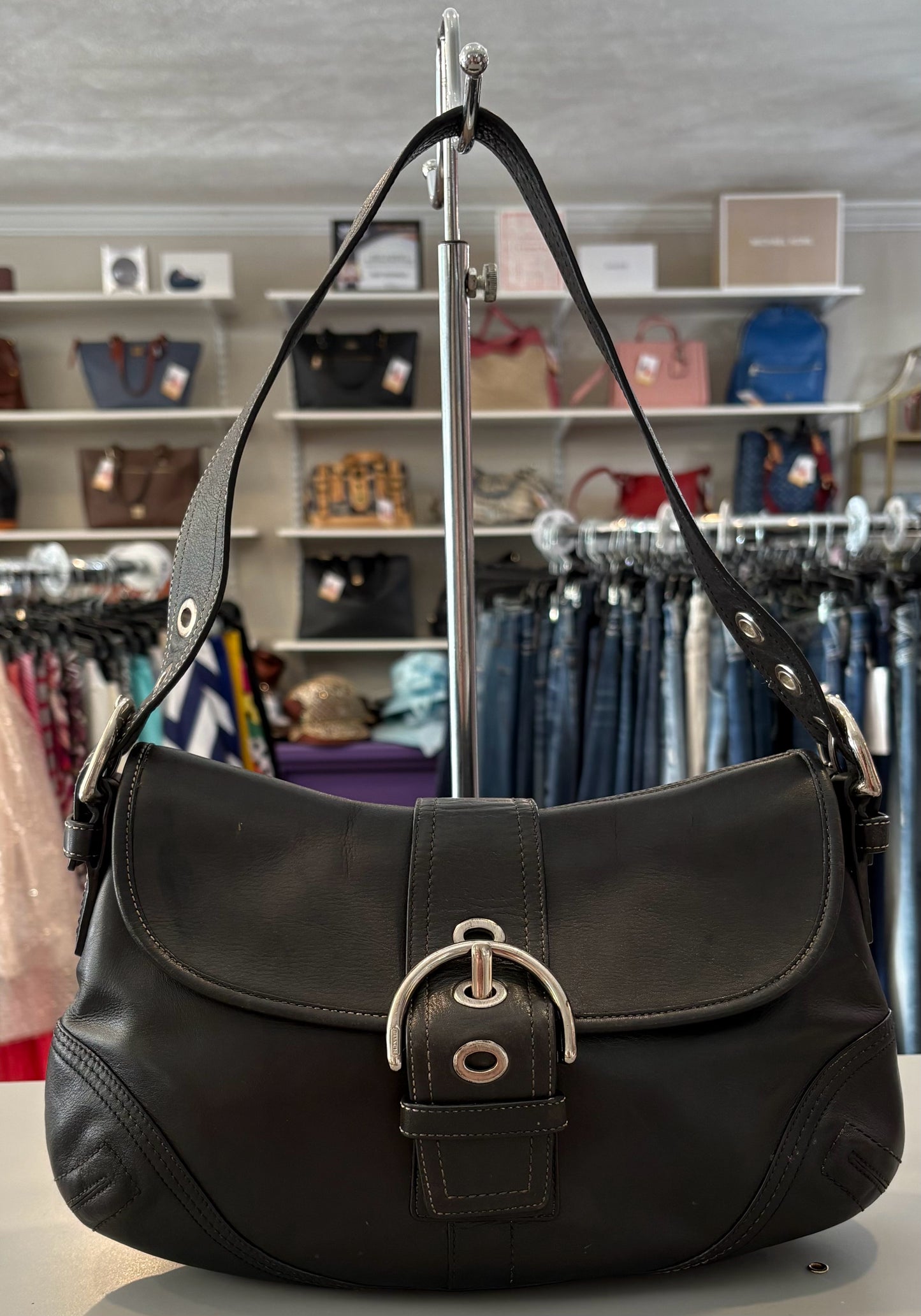 RARE Coach Soho Black Buckle Flap Leather Shoulder Bag SN:F10192