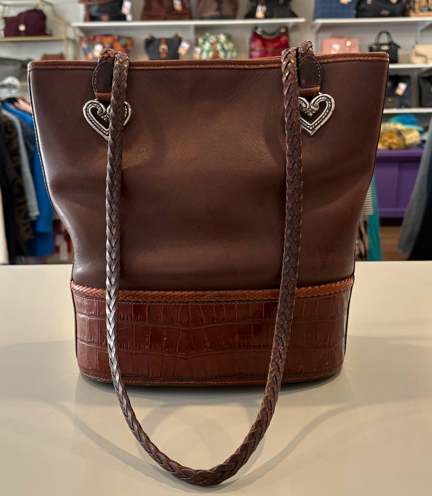 RARE Brighton Brown Leather Bucket Bag with Silver Heart Detailing