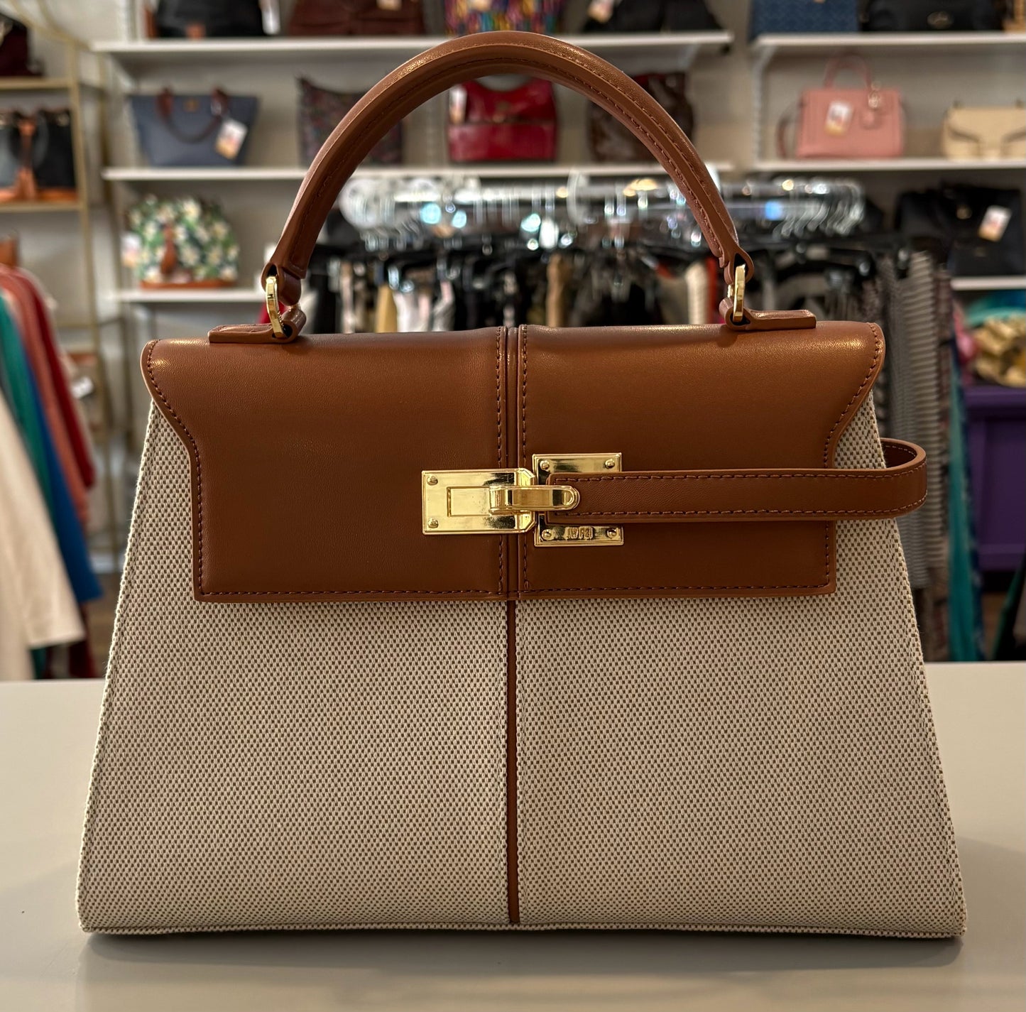 JW PEI Elise Brown Canvas Large Top Handle Bag
