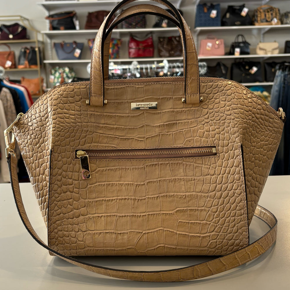 Kate Spade Beige Crocodile Embossed Parliament Square Satchel Bag