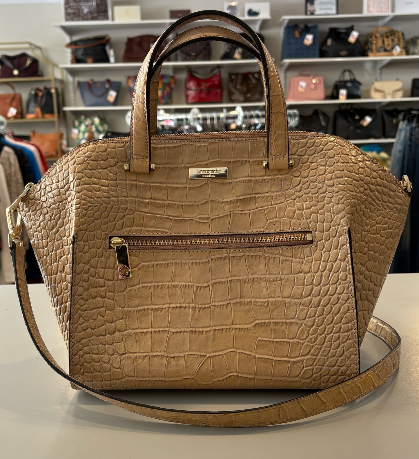 Kate Spade Beige Crocodile Embossed Parliament Square Satchel Bag