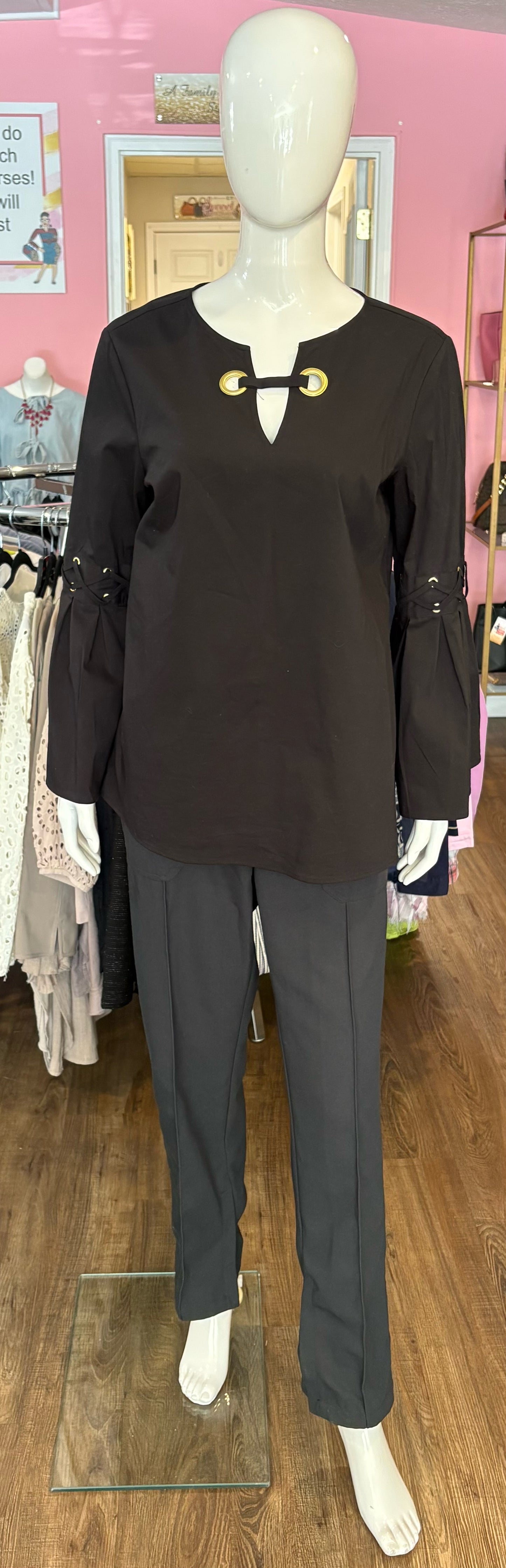 Michael Kors Black Bell-sleeve Blouse with Gold Ring Accents Sz:M