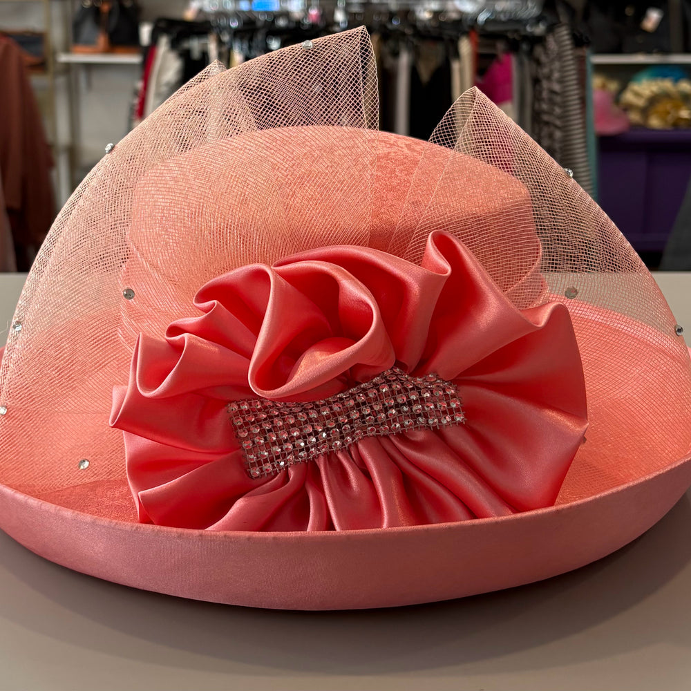 Clarissa C. Coral Pink Church Hat with Rhinsteone Detailing