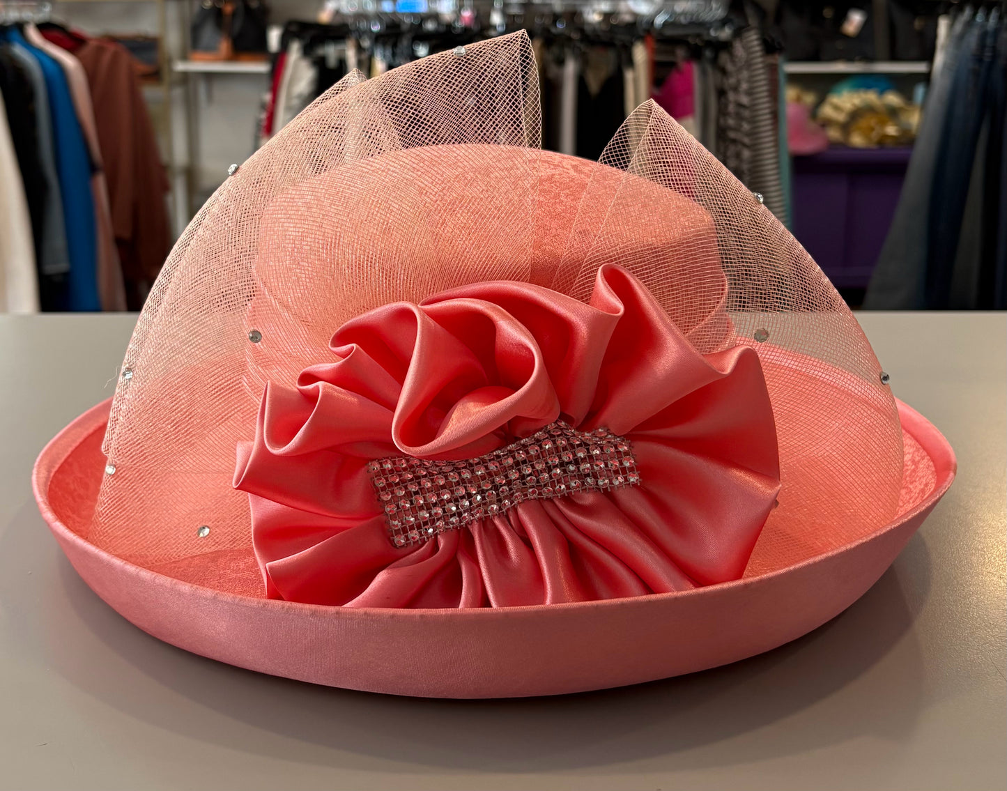 Clarissa C. Coral Pink Church Hat with Rhinsteone Detailing