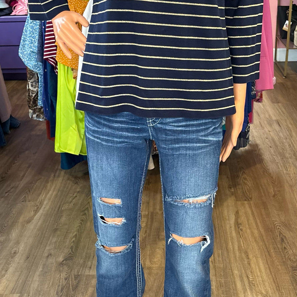 Lauren Ralph Lauren Navy Blue and Gold Striped Top with Crest Detailing Sz:XL