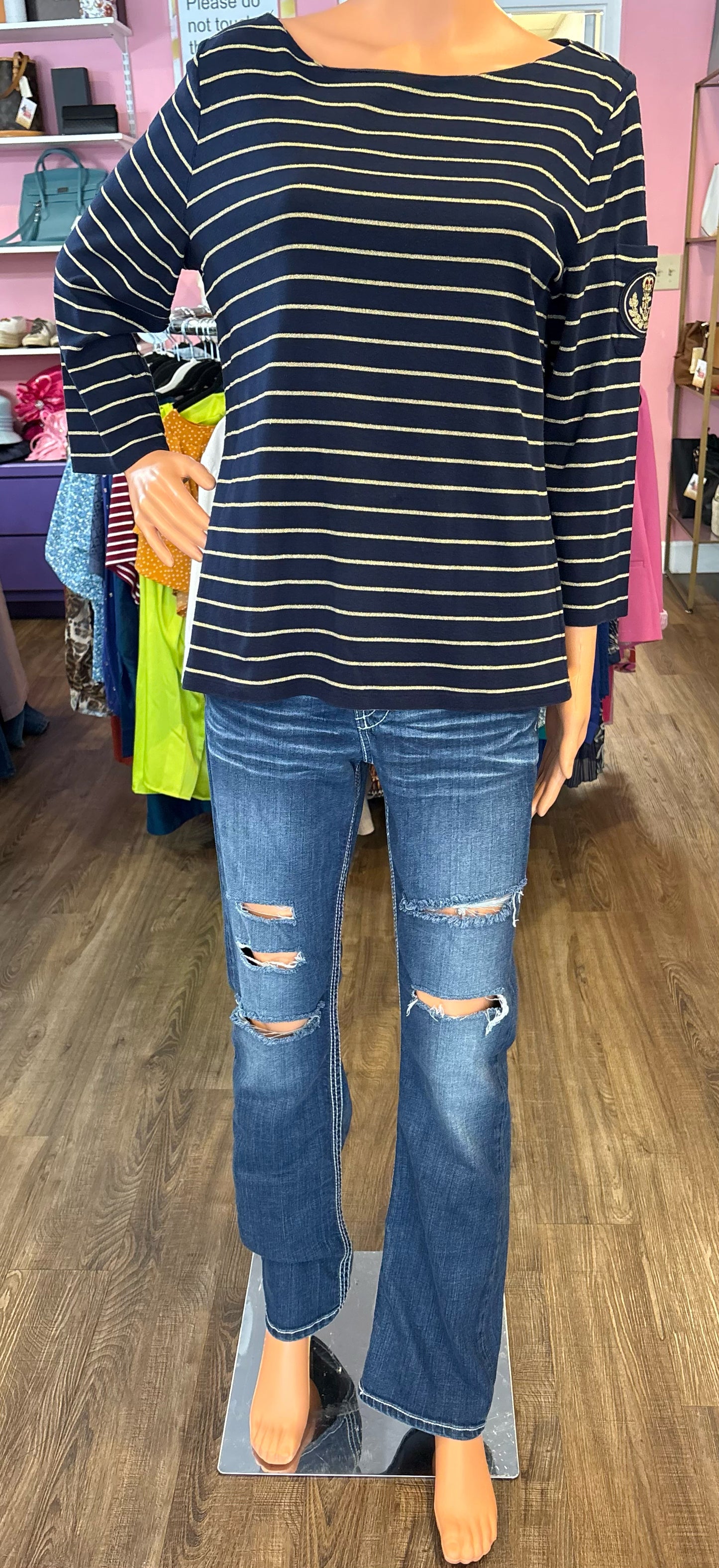 Lauren Ralph Lauren Navy Blue and Gold Striped Top with Crest Detailing Sz:XL
