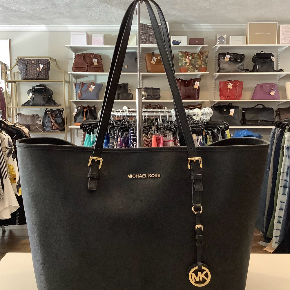 Michael Kors Jet Set Black Saffiano Leather Large Tote with Clip Closure