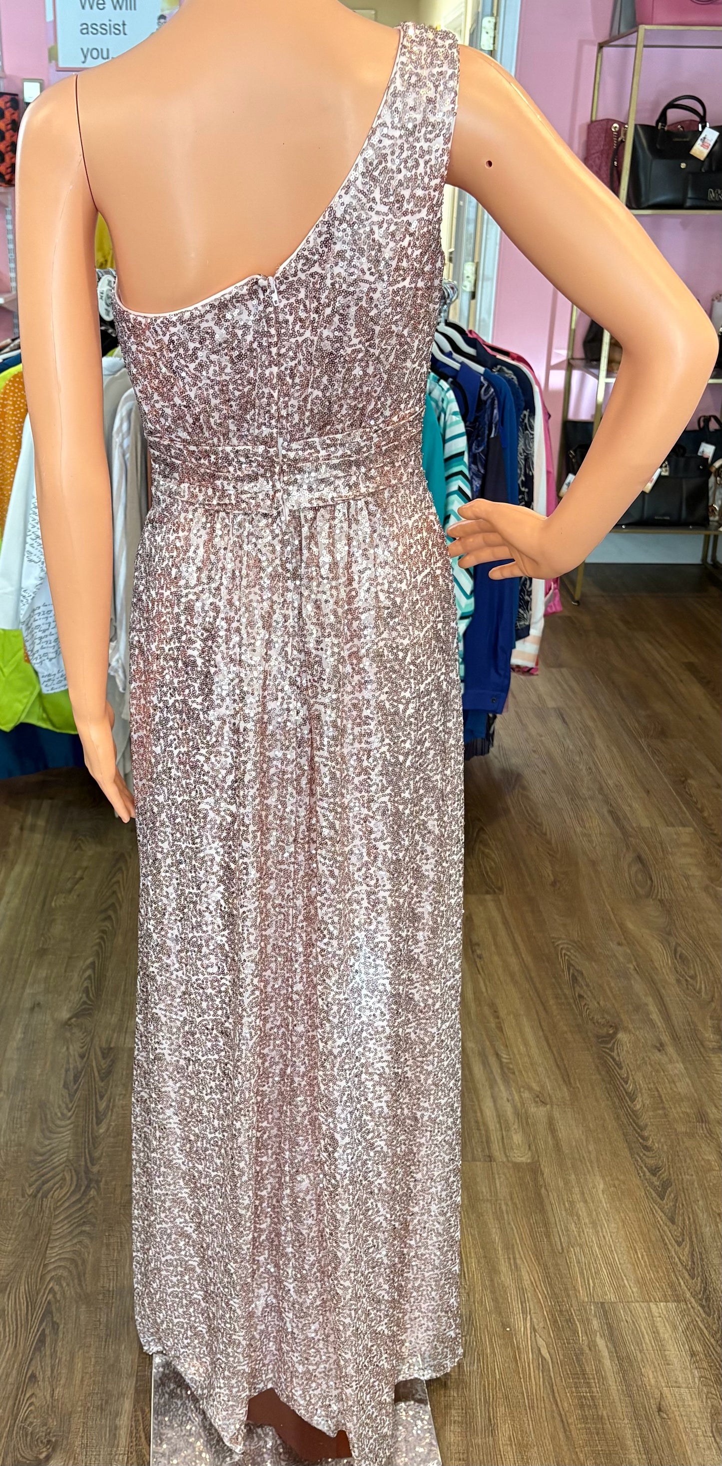 David's Bridal One Shoulder Allover Rose Gold Sequined Bridesmaid Dress Size:4 Sweet Purseonality David's Bridal One Shoulder Allover Rose Gold Sequined Bridesmaid Dress Size:4 Sweet Purseonality