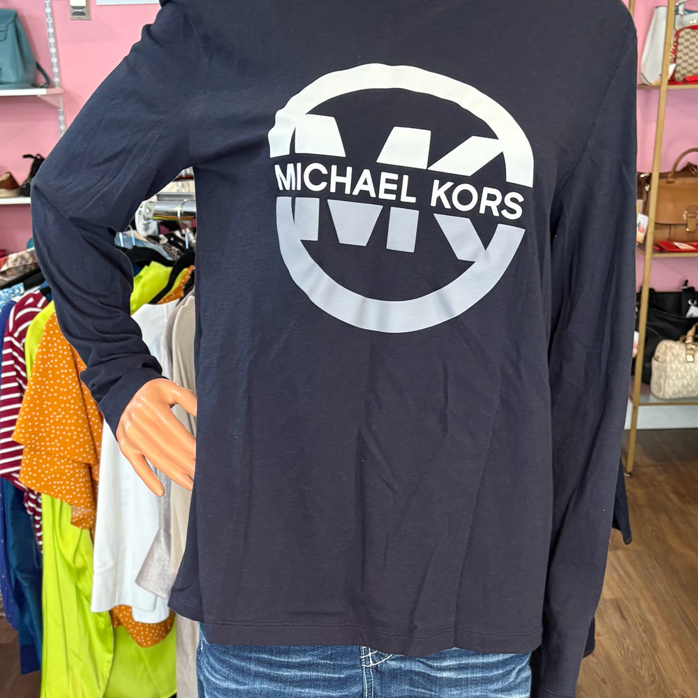 Michael Kors Monogram Navy Blue Multi-Color Long Sleeve Shirt Size:M