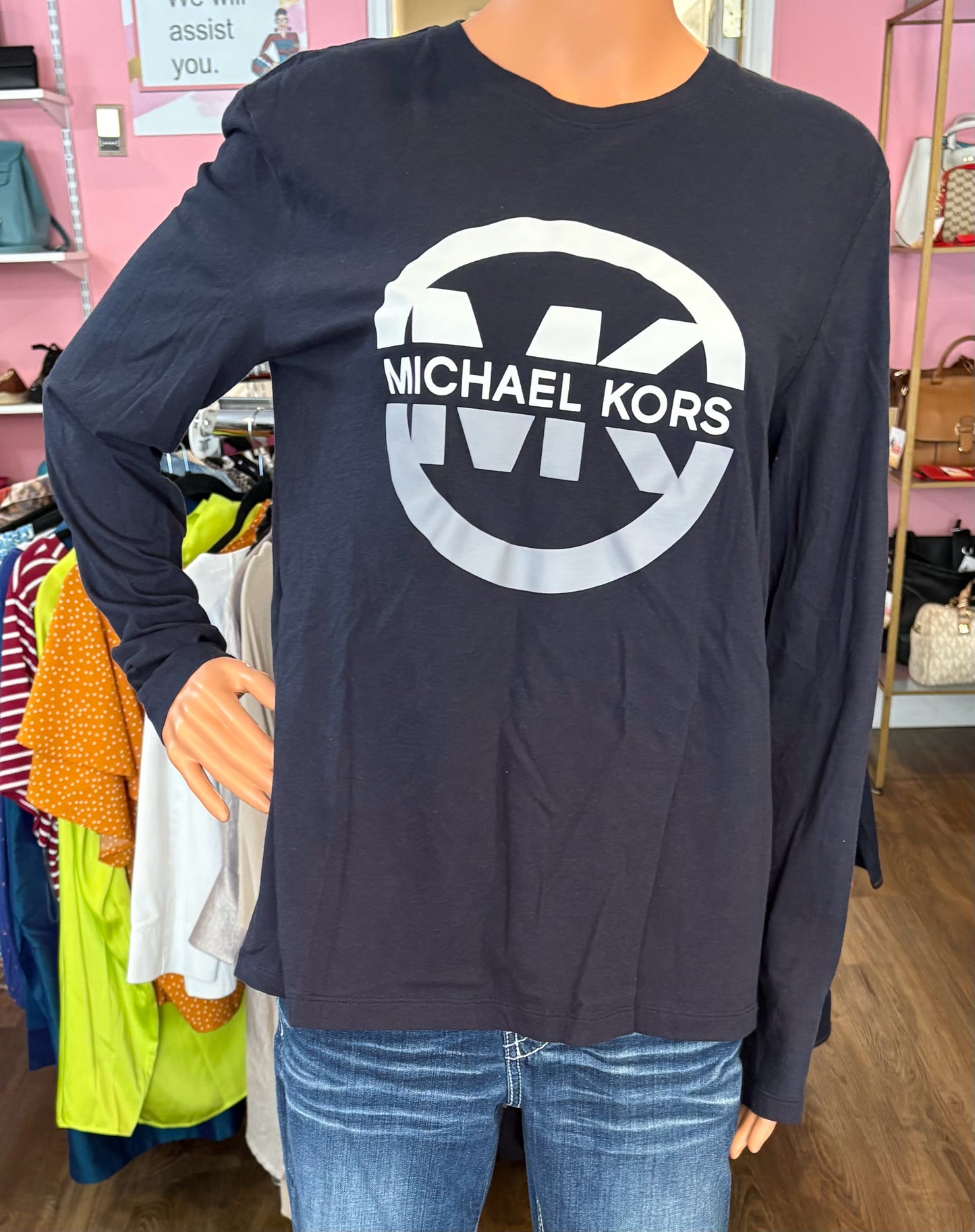 Michael Kors Monogram Navy Blue Multi-Color Long Sleeve Shirt Size:M
