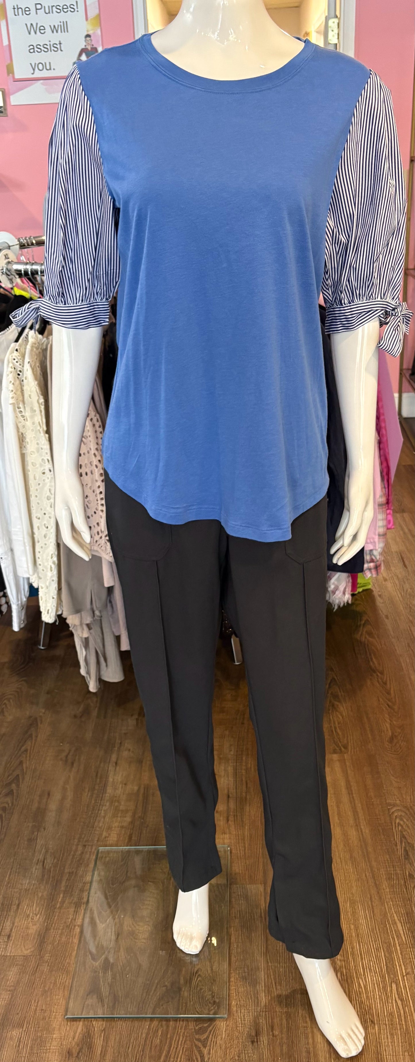 Lauren Ralph Lauren Blue & White Jersey Puff-Sleeve Tee Blouse Sz:L