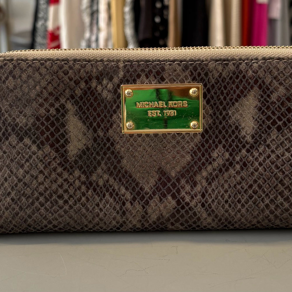 Michael Kors Faux Snakeskin Large Zip Around Wallet with Gold Hardware