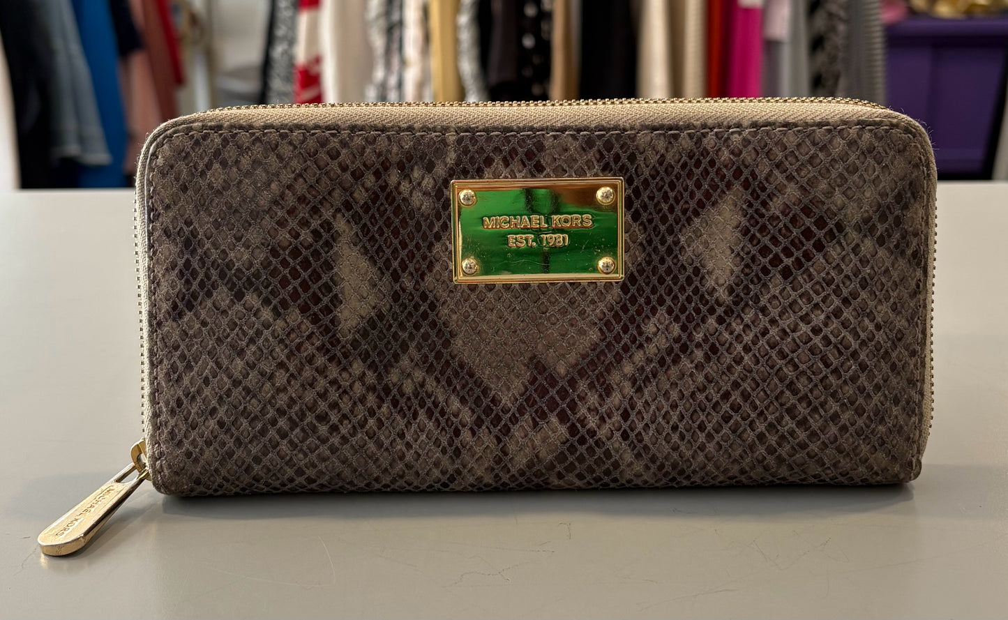 Michael Kors Faux Snakeskin Large Zip Around Wallet with Gold Hardware