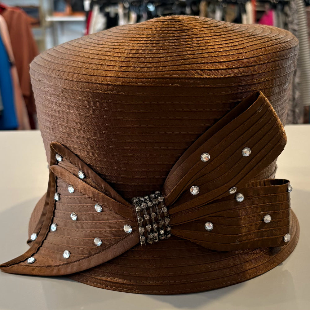 Swan Hat Brown Church Hat with Bow + Rhinestone Detailing