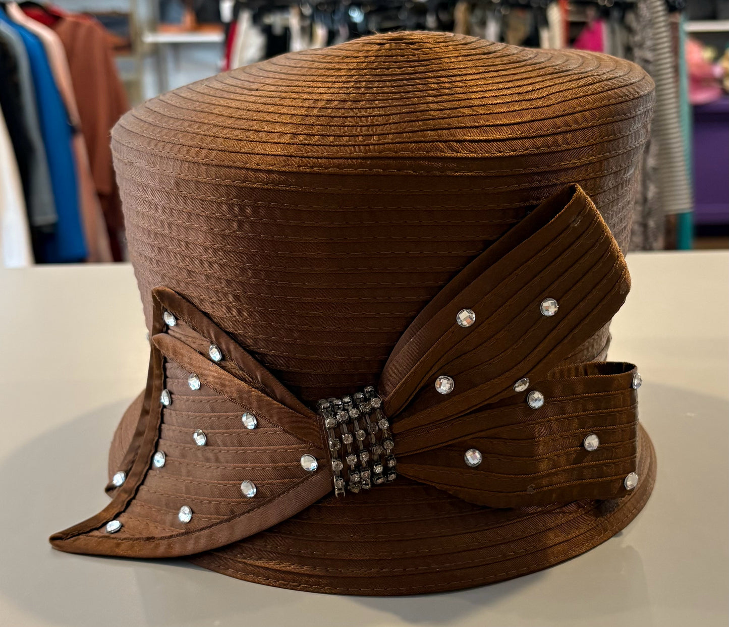 Swan Hat Brown Church Hat with Bow + Rhinestone Detailing