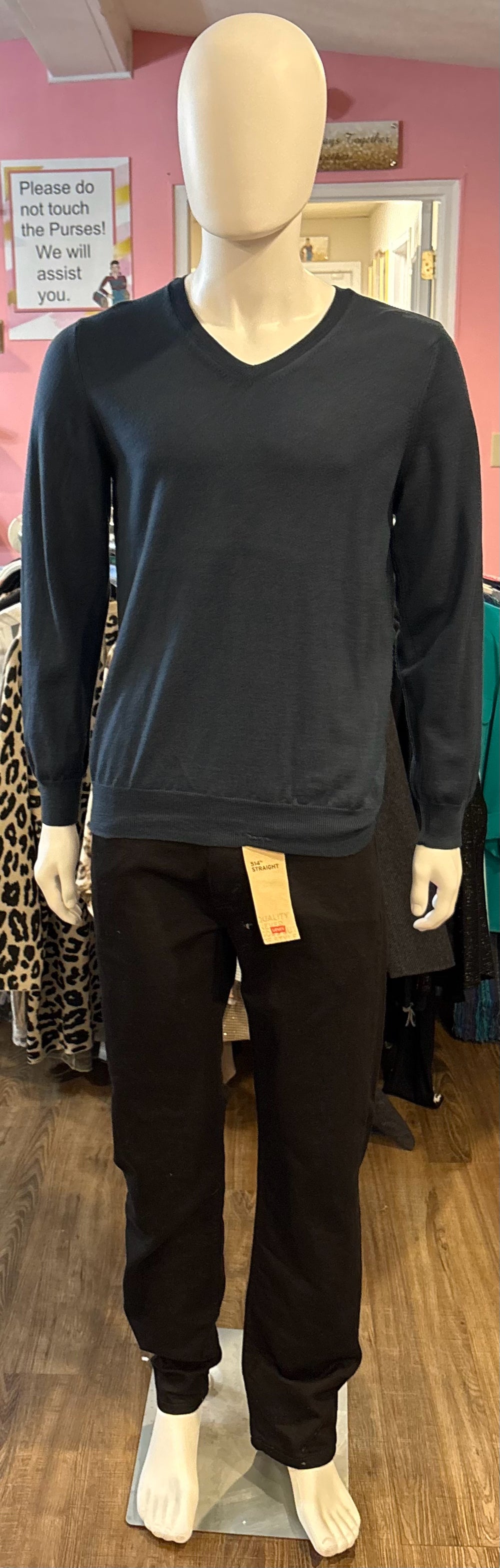 Burberry Brit 100% Extra Fine Merino Wool Navy Blue V-Neck Sweater Size: L