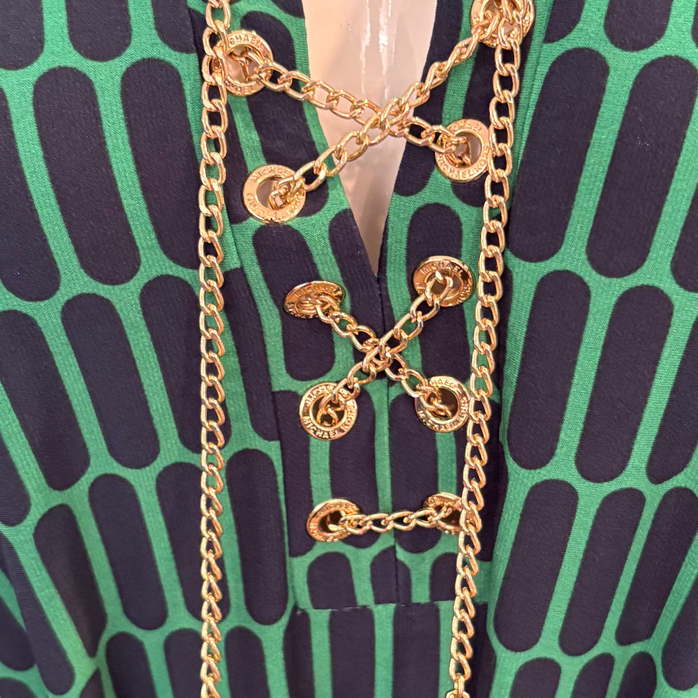 
                      
                        Michael Kors Emerald Green & Navy Geometric Dress with Gold Lace Detail Size: L
                      
                    