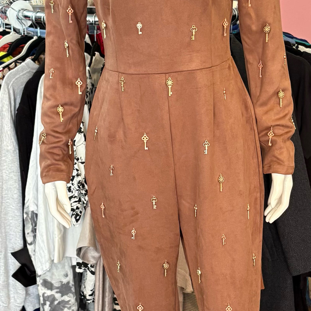 NWOT L'atiste Faux Suede Brown Jumpsuit with Keys Detailing Size: L