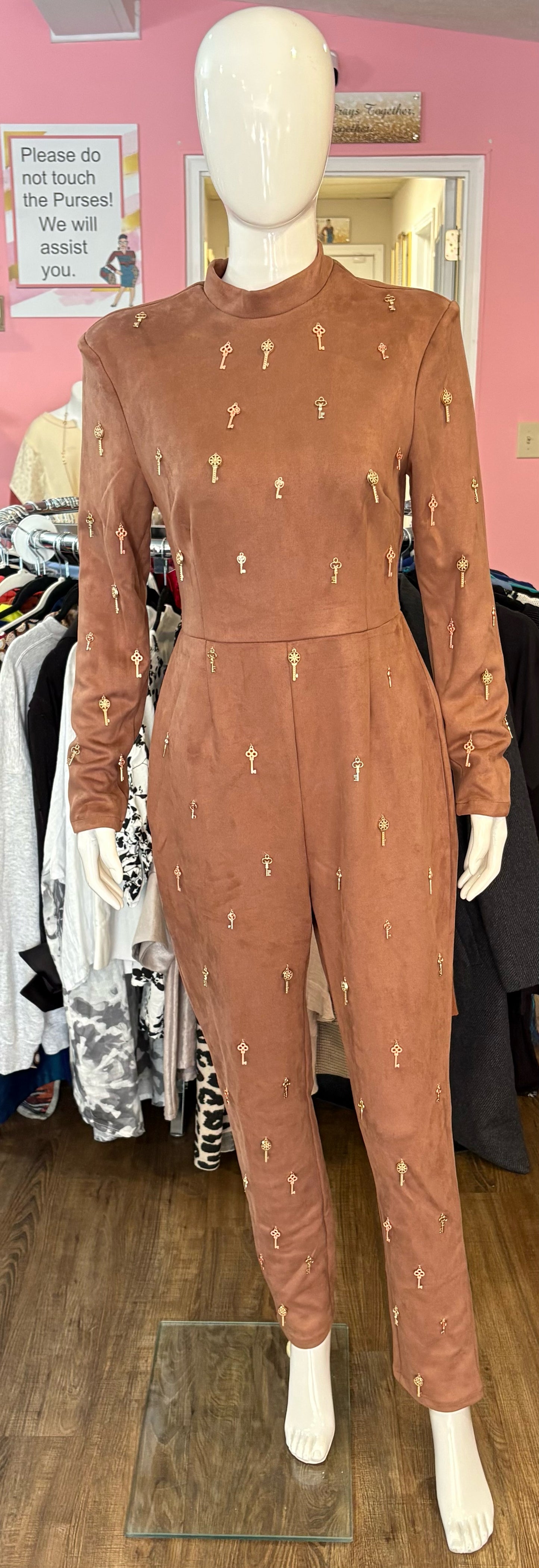 NWOT L'atiste Faux Suede Brown Jumpsuit with Keys Detailing Size: L