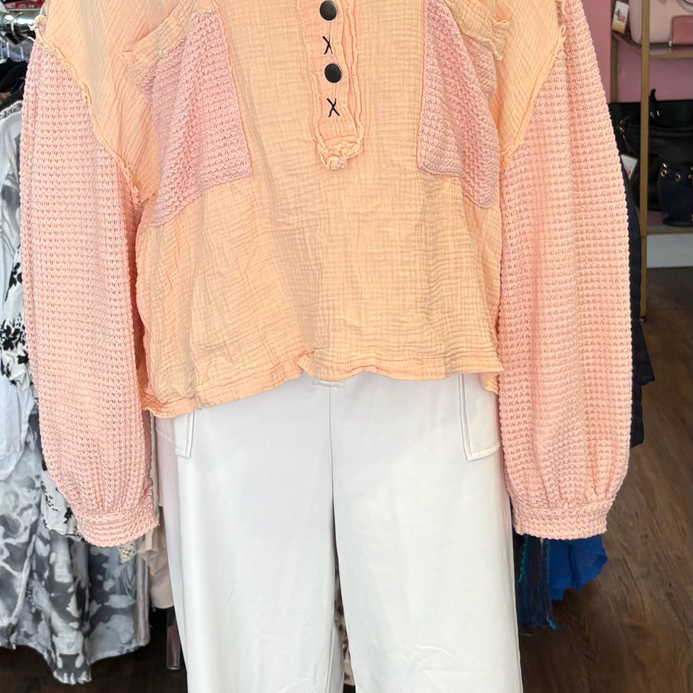 POL 100% Cotton Peach Pink Button Up Sweater Top Size: L