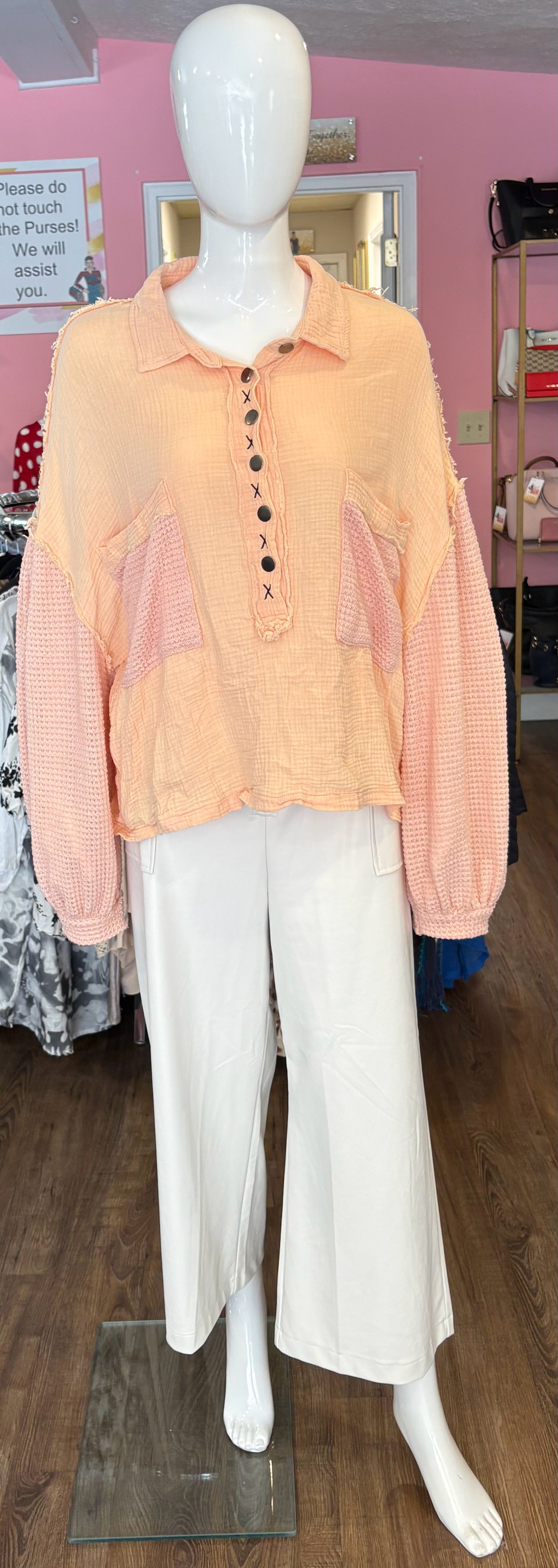 POL 100% Cotton Peach Pink Button Up Sweater Top Size: L