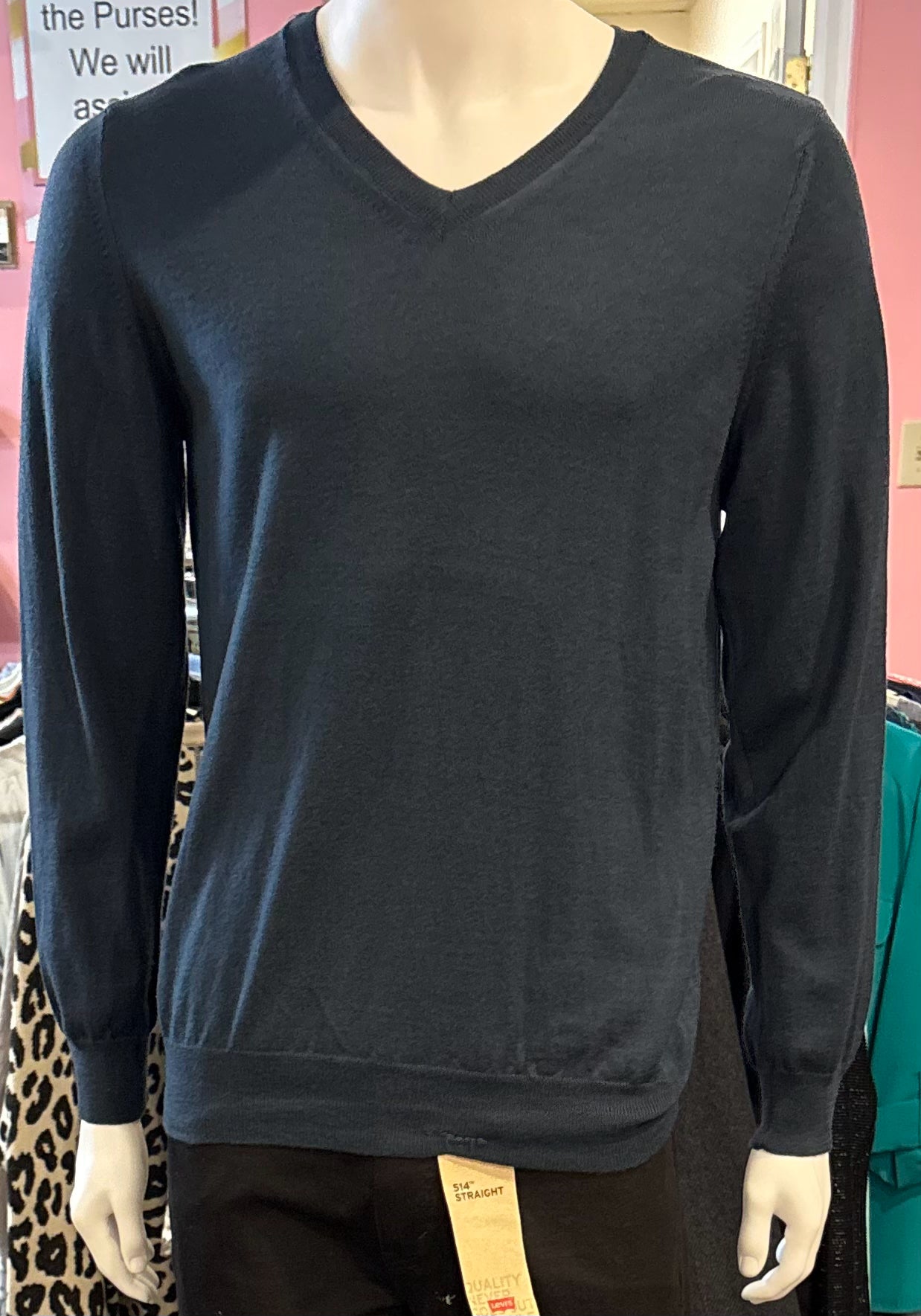 Burberry Brit 100% Extra Fine Merino Wool Navy Blue V-Neck Sweater Size: L