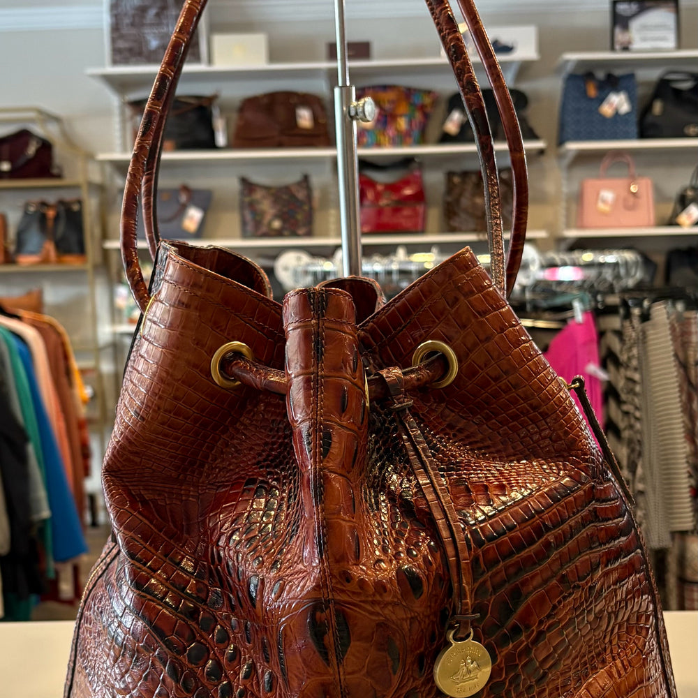 RARE Brahmin Trina Drawstring Embossed Handbag in Pecan Melbourne