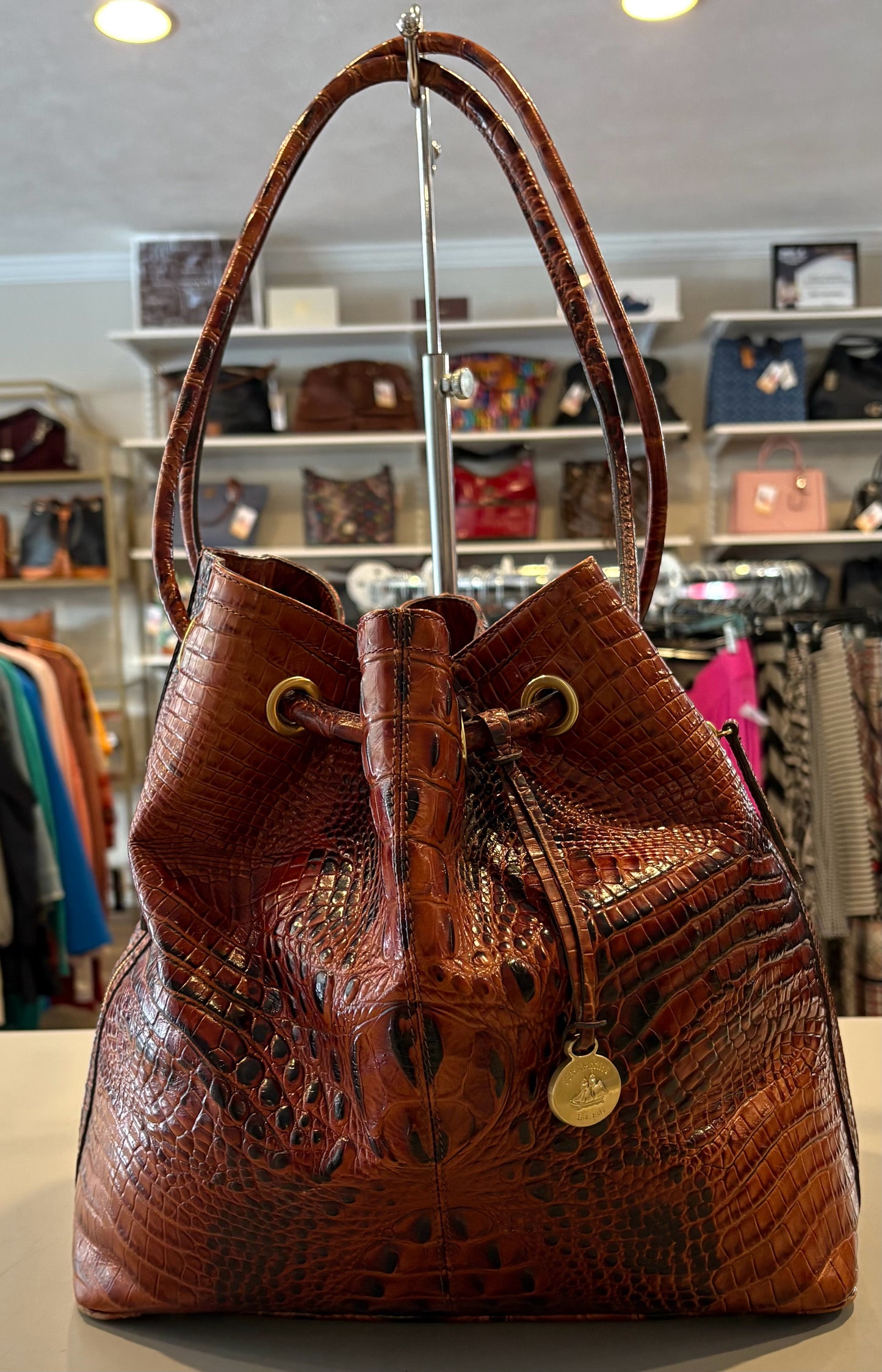 RARE Brahmin Trina Drawstring Embossed Handbag in Pecan Melbourne