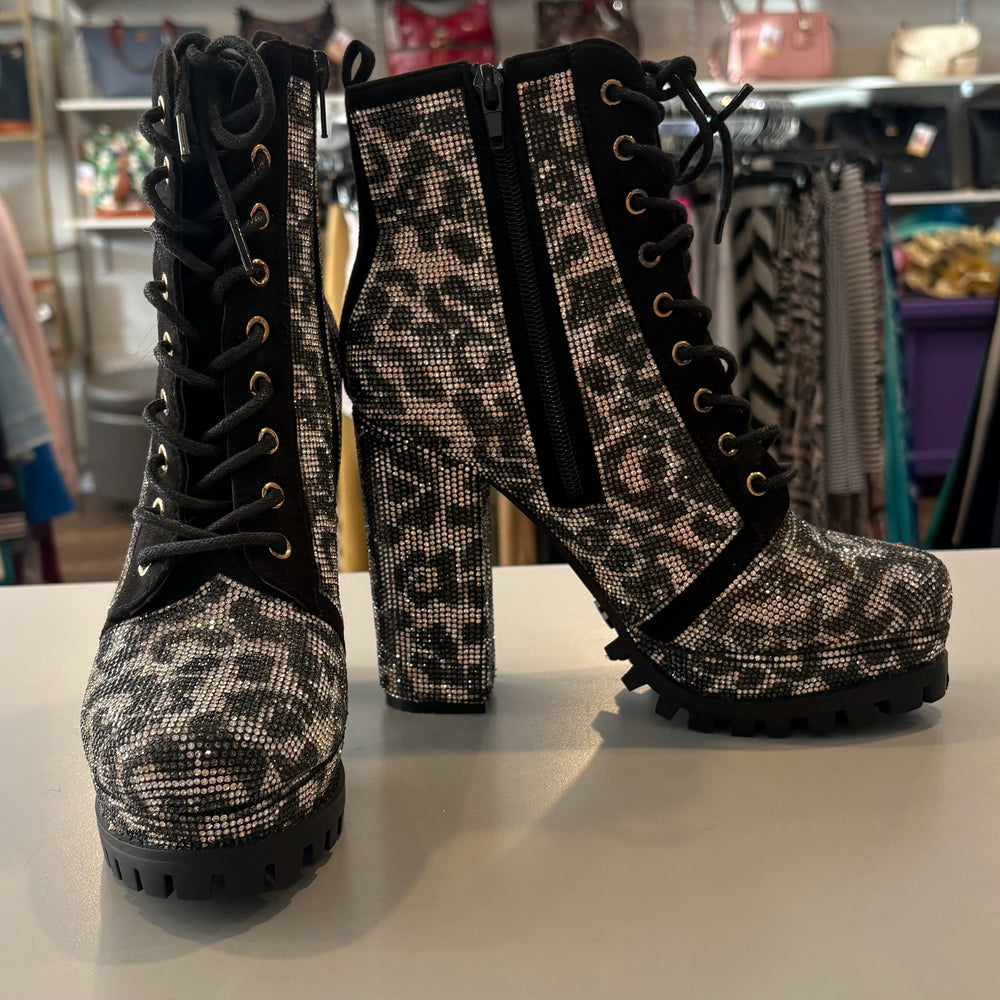 It's Fashion Cheetah Print Rhinestone Embellished Bootie Platform Heels Size:7M