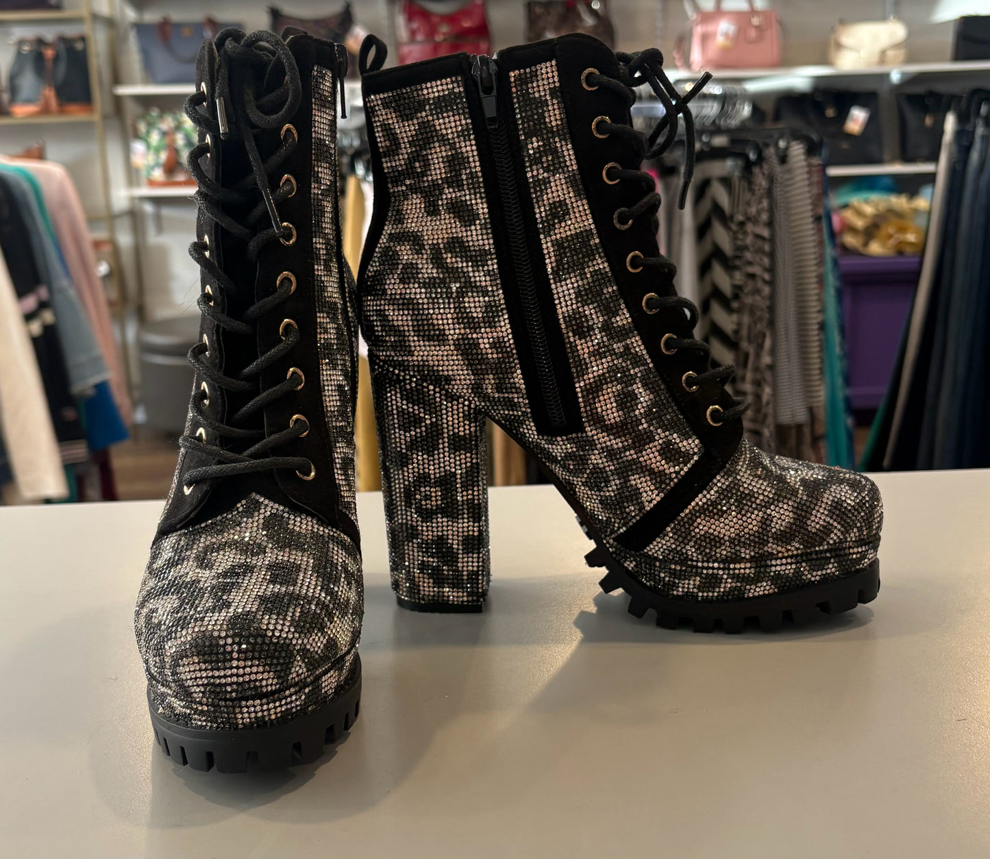 It's Fashion Cheetah Print Rhinestone Embellished Bootie Platform Heels Size:7M