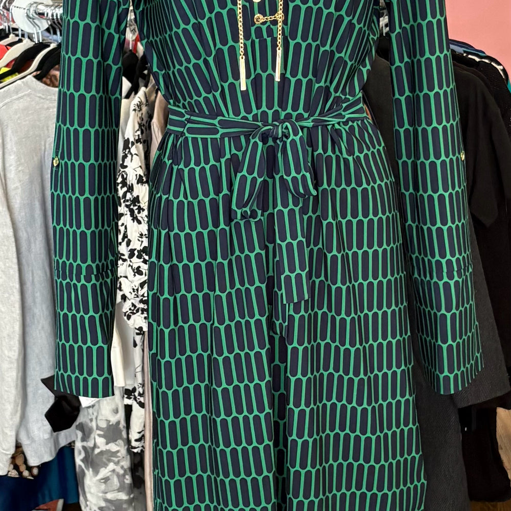 Michael Kors Emerald Green & Navy Geometric Dress with Gold Lace Detail Size: L